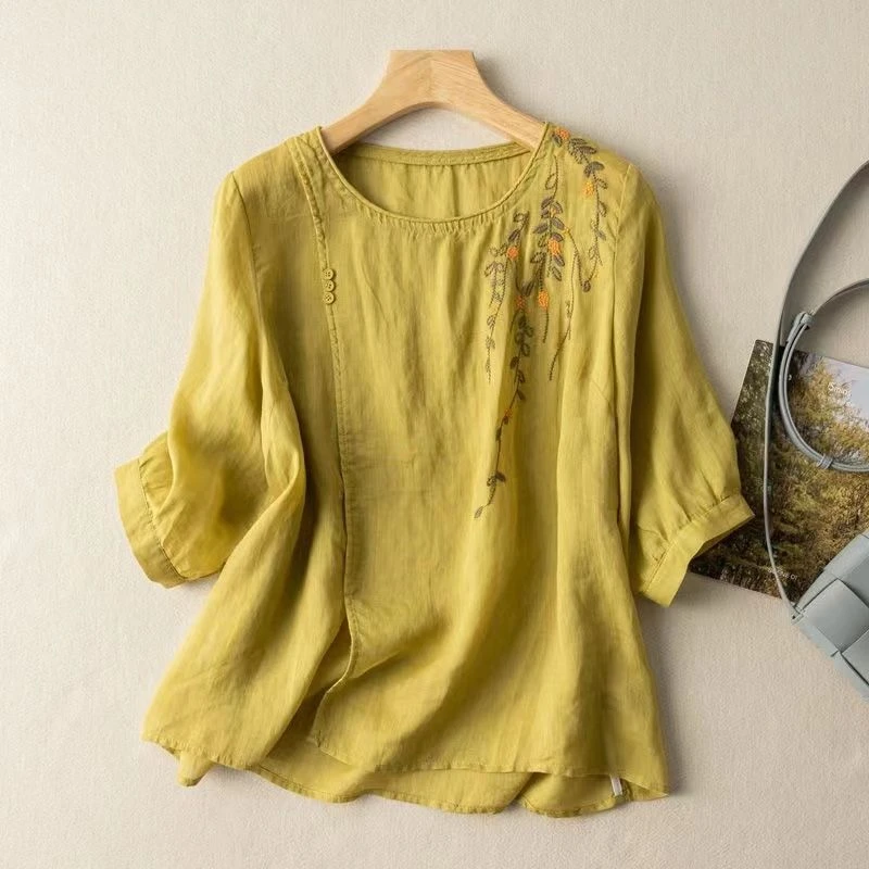 

Retro Cotton Linen Short Sleeve Shirt Women's Summer Fashionable Versatile Middle Aged And Elderly Shirt Korean Style Embroid...