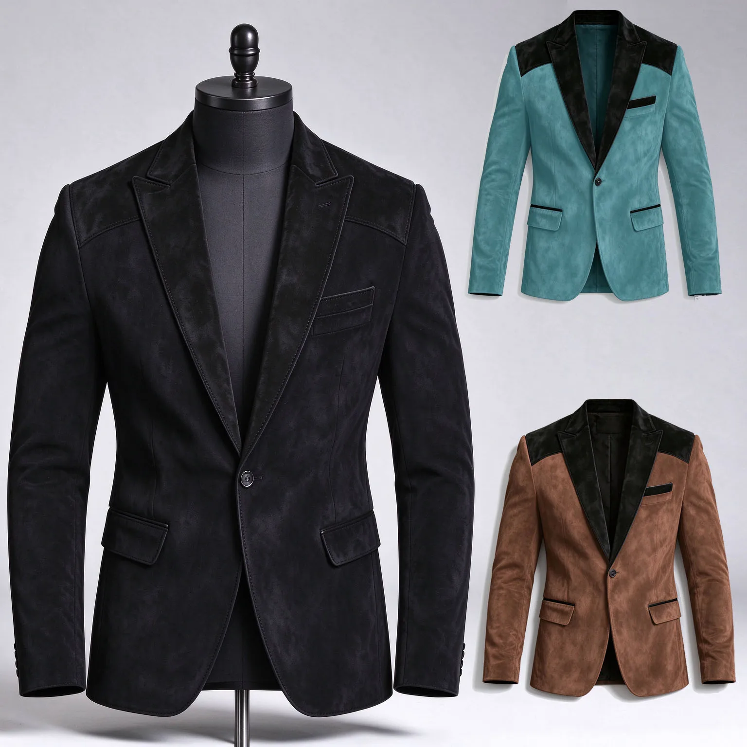 Mens Faux Suede Blazer Black Shoulder Patch Peak Lapel 1 Button Slim Suit Jacket Vintage Casual Business Wedding Party Outerwear