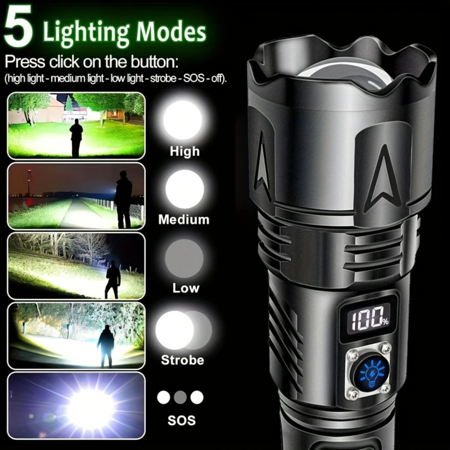 

Bright and Powerful Rechargeable LED Flashlight with Extra Long Beam for Camping, Hiking, and Emergencies - 5 Modes Zoomable Han