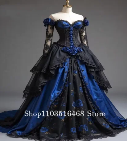 Vintage Black Blue Gothic Prom Dress Medieval Victorian Evening Dress Tudor Celtic Renaissance 3D Flower Lace Print Customised