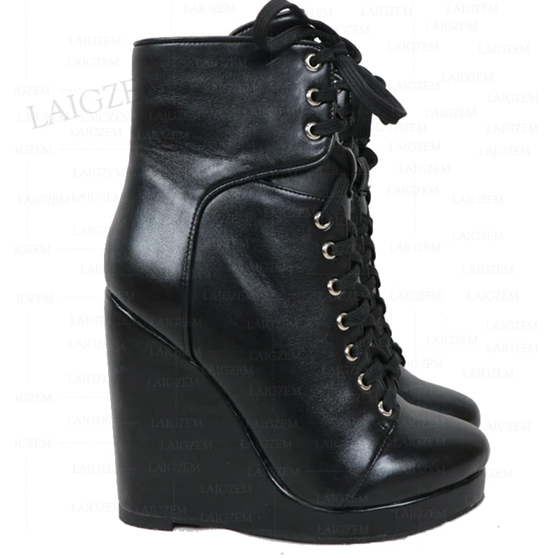 DOHBANER Ankle Boots Faux Leather Round Toe Wedges Lace Up Short Booties Ladies Unisex Handmade Shoes Woman Big Size 39 43 45 48