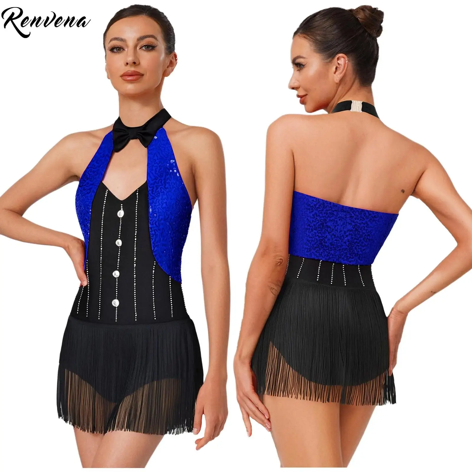 Tassel Latin Jazz Dance Dress Sequins Fringe Bodysuit Womens Halter Rhinestones Bow Tie Backless Leotard for Stage Performance