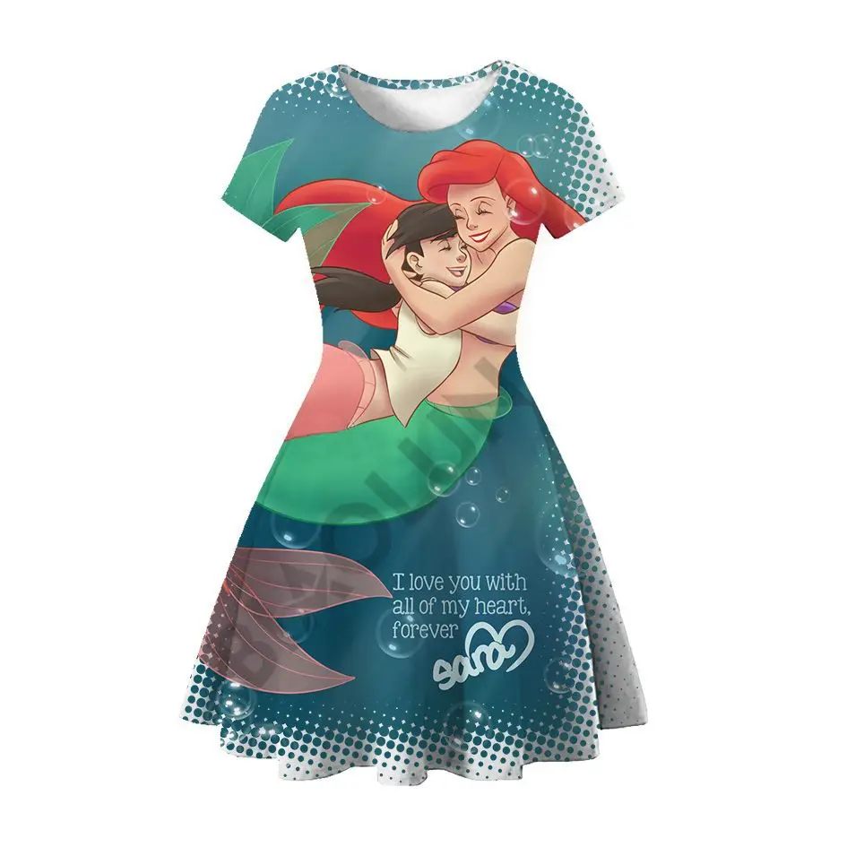 Disney Mermaid Dress Girls Short Sleeve Milksilk Clothes Birthday Party Dresses For Little Kids 3-8 Years