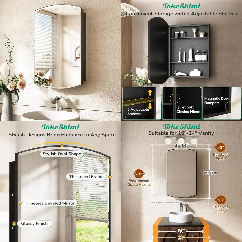

Oval Black Medicine Cabinet with Mirror and Storage, 16x26, Surface or Recessed Mount, Arched Beveled Edges