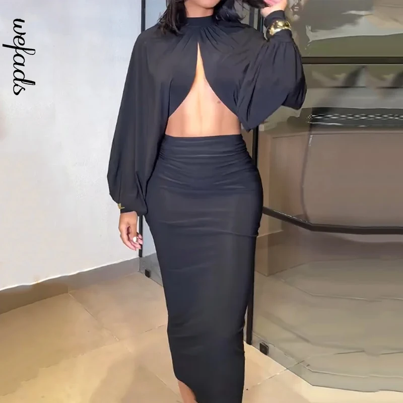

Wefads 2 Piece Set Women Casual Simple Solid Long Lantern Sleeve O Neck High Waist Backless Top A Line Slim Long Skirt Set