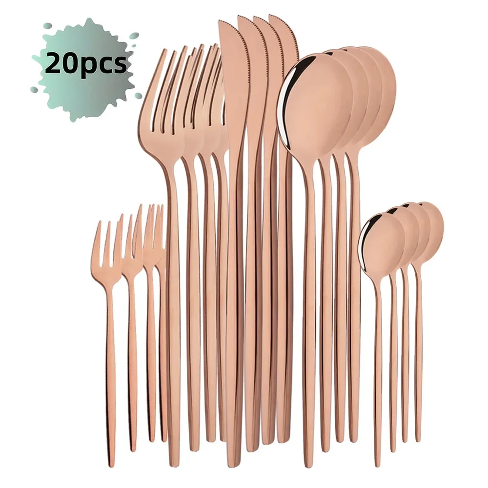 20-teiliges Besteckset aus Edelstahl in Roségold – modernes Geschirrset mit Spiegel-Finish, perfekt für Zuhause, Restaurant und Hochzeit