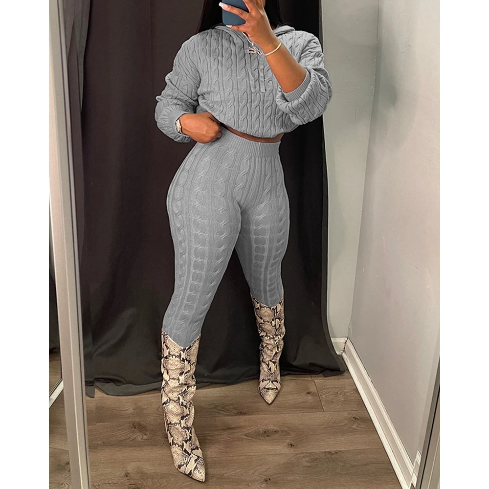 2 Piece Long Sleeve Pullover Hooded Cable Kint Sweater Top Skinny Long Pants Set Tracksuit