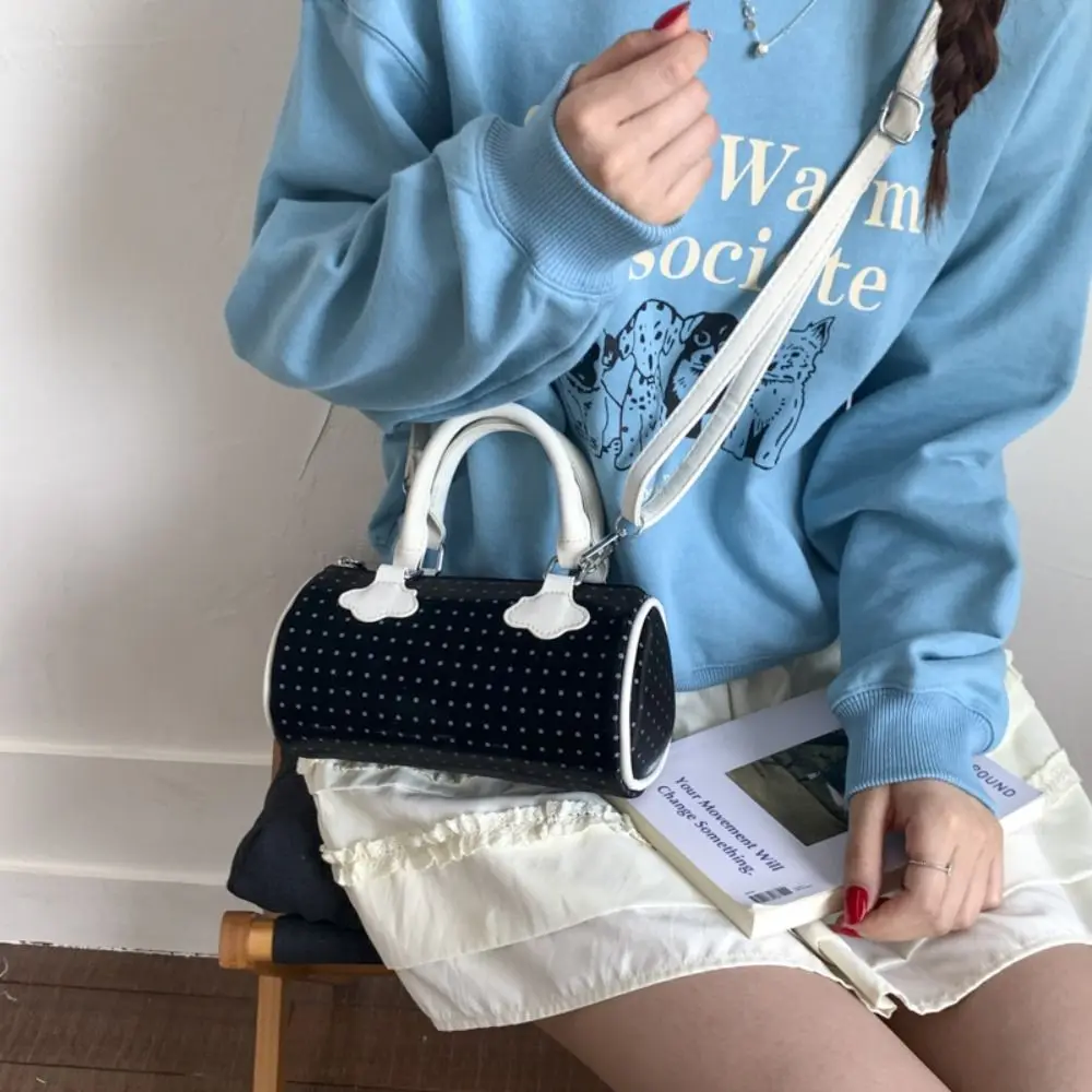 

Vintage French Style Polka Dot Bowling Bag Large Capacity PU Leather Boston Shoulder Bag Elegant Cute Cylindrical Bag Travel