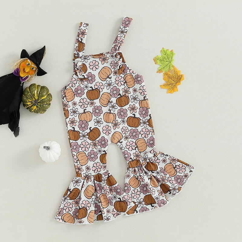 

Adorable Infant Girl Halloween Romper with Cute Ghosts Black Cats Jack-O -Lantern Print Sleeveless Jumpsuit Bell-Bottoms