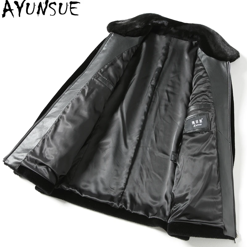 AYUNSUE เสื้อโค้ทขนสัตว์ 100% ลำลองสำหรับผู้ชาย 2025 ฤดูใบไม้ร่วงฤดูหนาวแฟชั่นสั้นขนแกะตัดขนแจ็คเก็ตคอปกขนสัตว์มิงค์สีดำเสื้อขนสัตว์