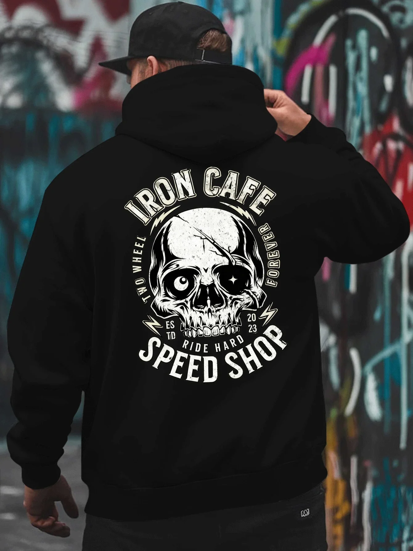 Retro Distressed Two Wheel Forever Skull Graphic Hoodie Unisex Loose Fit Hooded Sweatshirt Back Print Spring Autumn Hoody