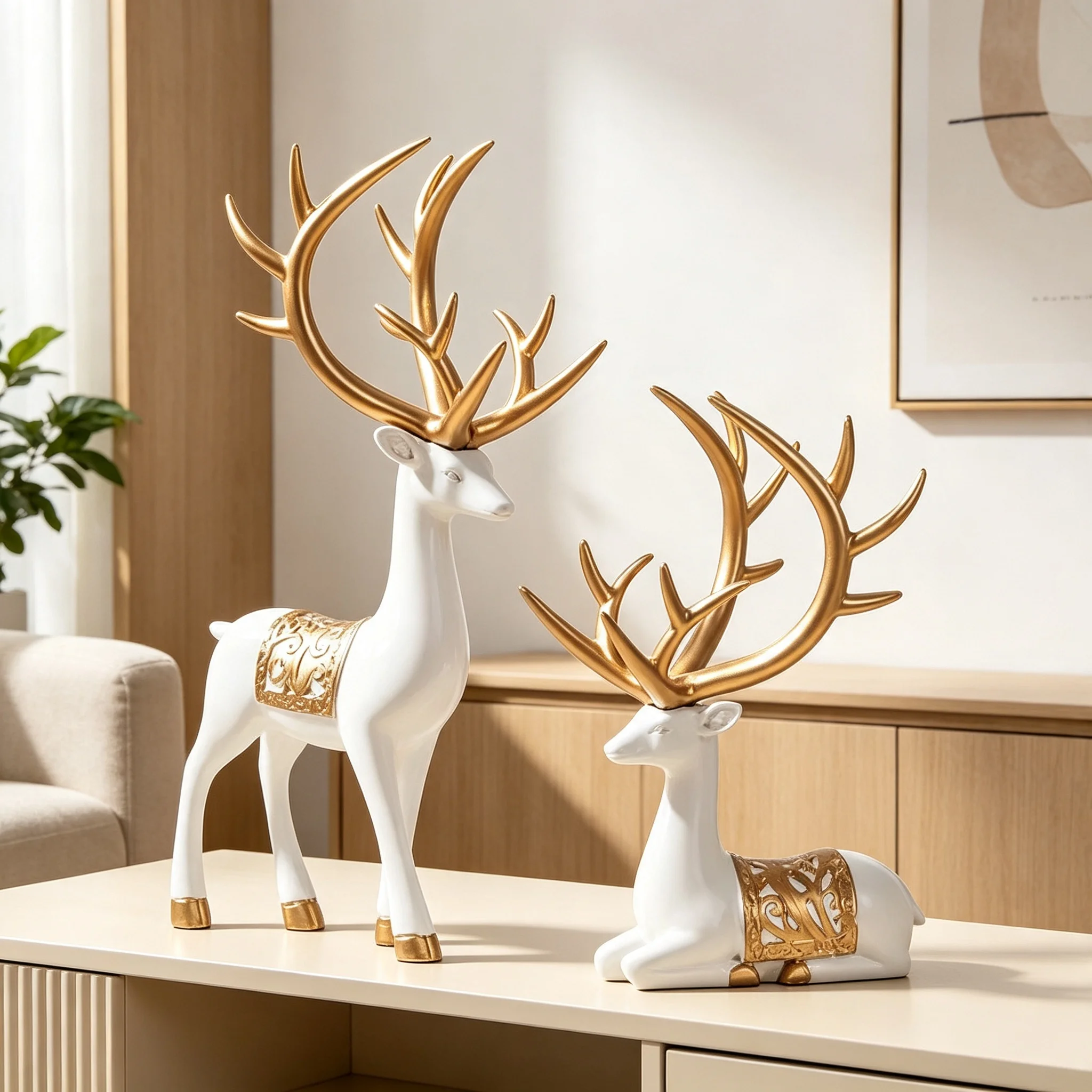 White Golden Antler Deer Figurine Set 2Pcs Reindeer Statue Home Tabletop Decor Ornament Living Room Office Gift