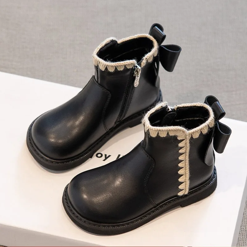 

Модные ботинки для девочек с бантом, на плоской подошве, с круглым носком, двухцветные, больших размеров, всесезонные, повседневные туфли