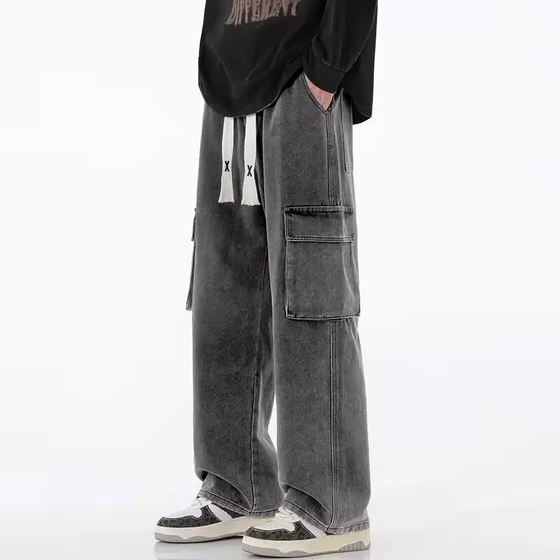 Autumn New Men Cargo Jeans Baggy American High Street Multi-pocket Youth Overalls Fashion Streetwear Vintage Wide Leg Pants