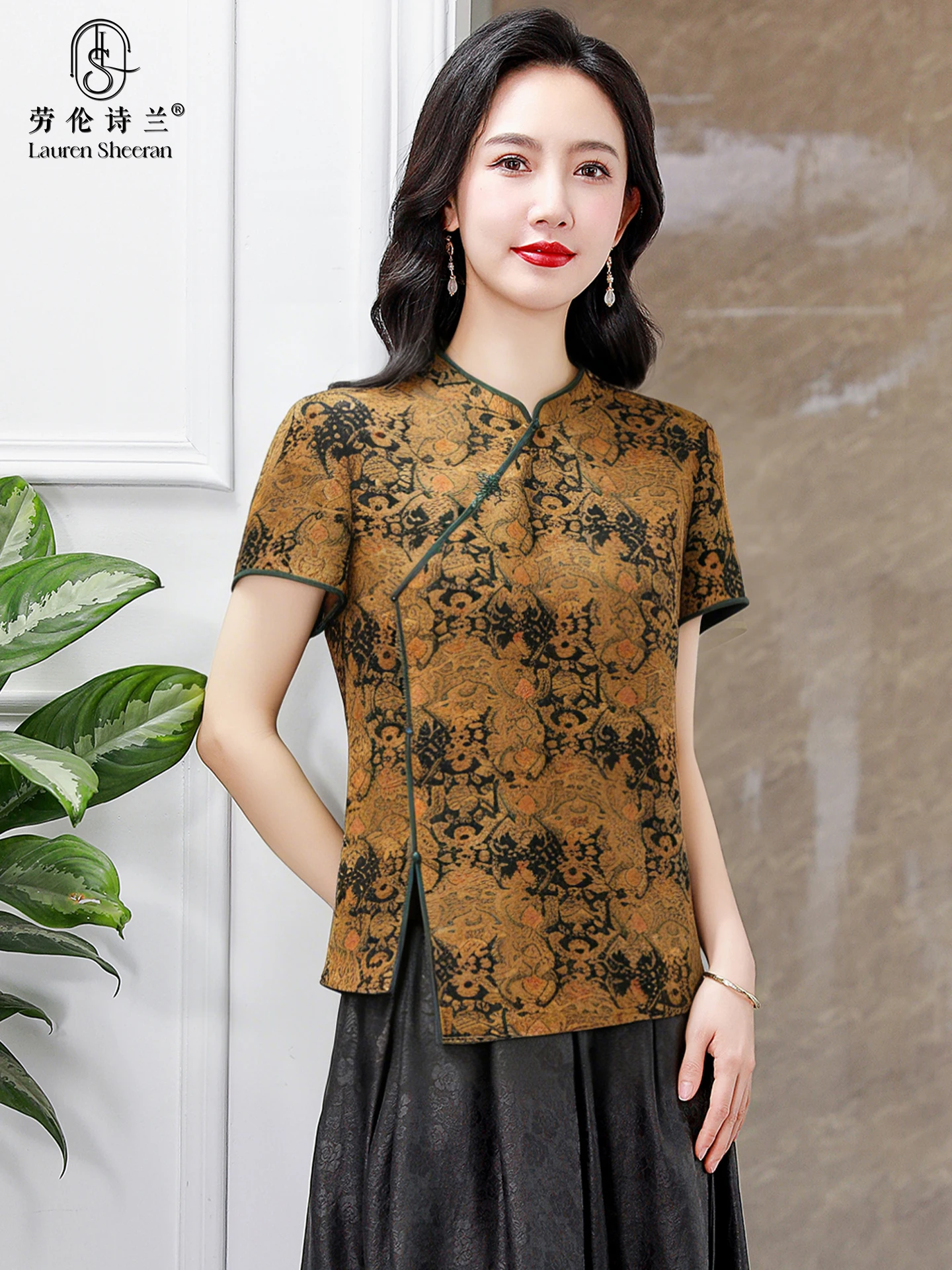 Camisa de seda de nuevo estilo para mujer, cuello alto, manga corta, moda tradicional china, ropa para mamá, marca Larousse