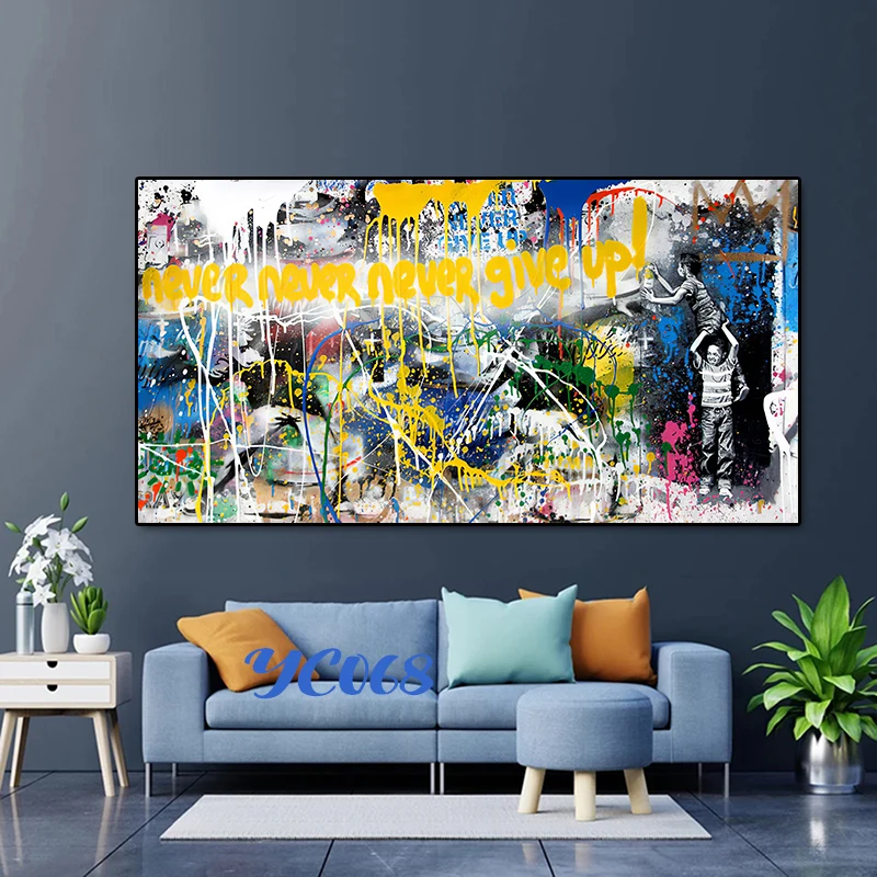 

Banksy Street Art Canvas Posters and Prints, Never Give Up, Graffiti Painting, Modern Pop Art Decoration, Living Room Home Decor