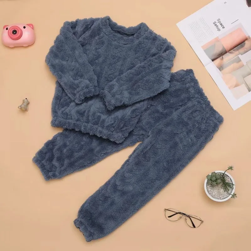 2Pcs/set children\'s coral velvet homewear thickened padded warm pajamas men and women multicolor long-sleeved long pants pajamas