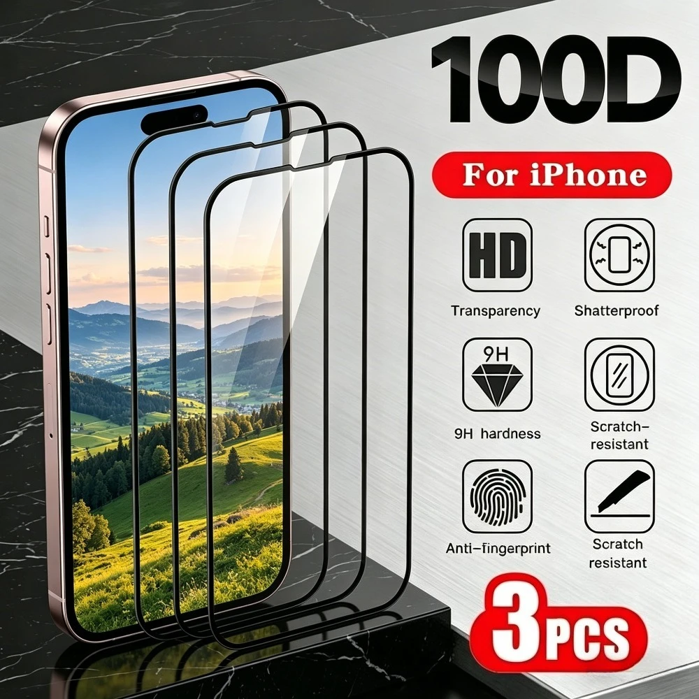 

3Pcs Full Coverage Tempered Glass for iPhone 17 16 15 14 Pro Max Air 17e 16e Screen Protector for iPhone 15 14 Plus 13 12 11 Pro