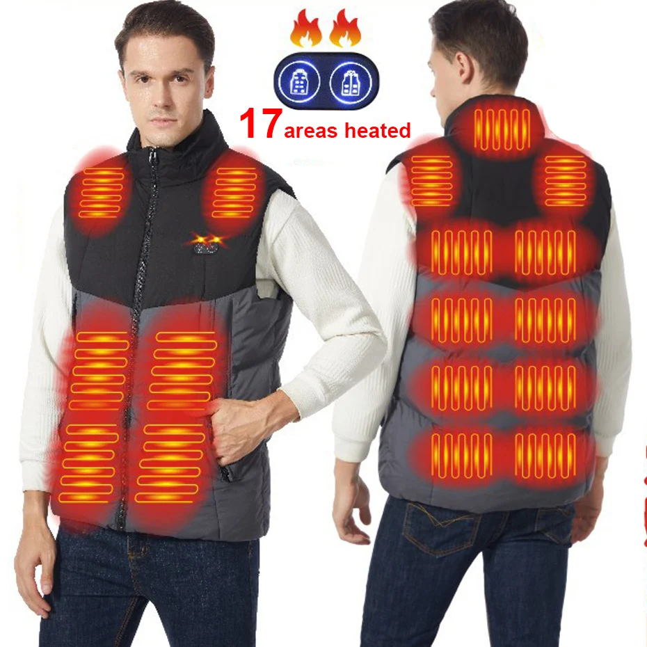 USB Heating Vest Men Winter Thick Sleeveless Jacket Infrared 17 Heating Areas Vest Winter Electric Heated Vests Plus Size 5XL