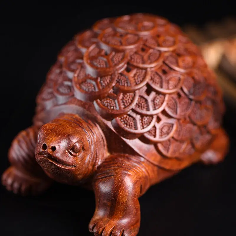 Rosewood Carved Coin Turtle Statue Feng Shui Decor Pterocarpus Santalinus