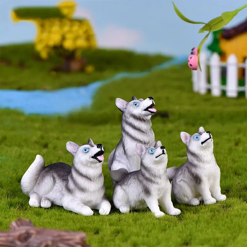 4PCS Mini Cute Dog Husky Animal Figurines Miniatures Micro Landscape Fairy Garden Bonsai Dollhouse Resin Craft Desk Home Decor