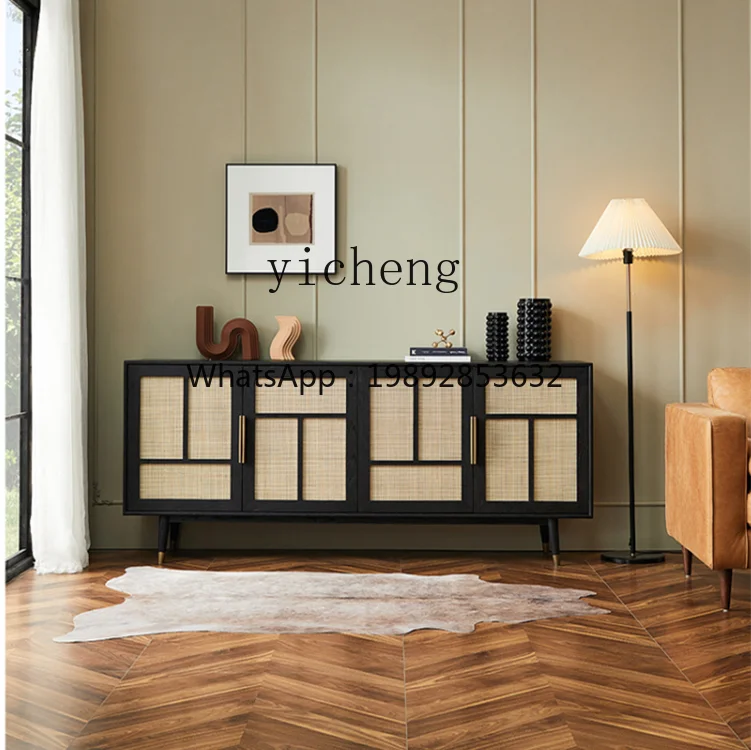 Rattan Light Luxury Solid Wood Four-Door Oak Sitting Room Cabinet Dining Side Storage Locker Wall Entrance Cabinet