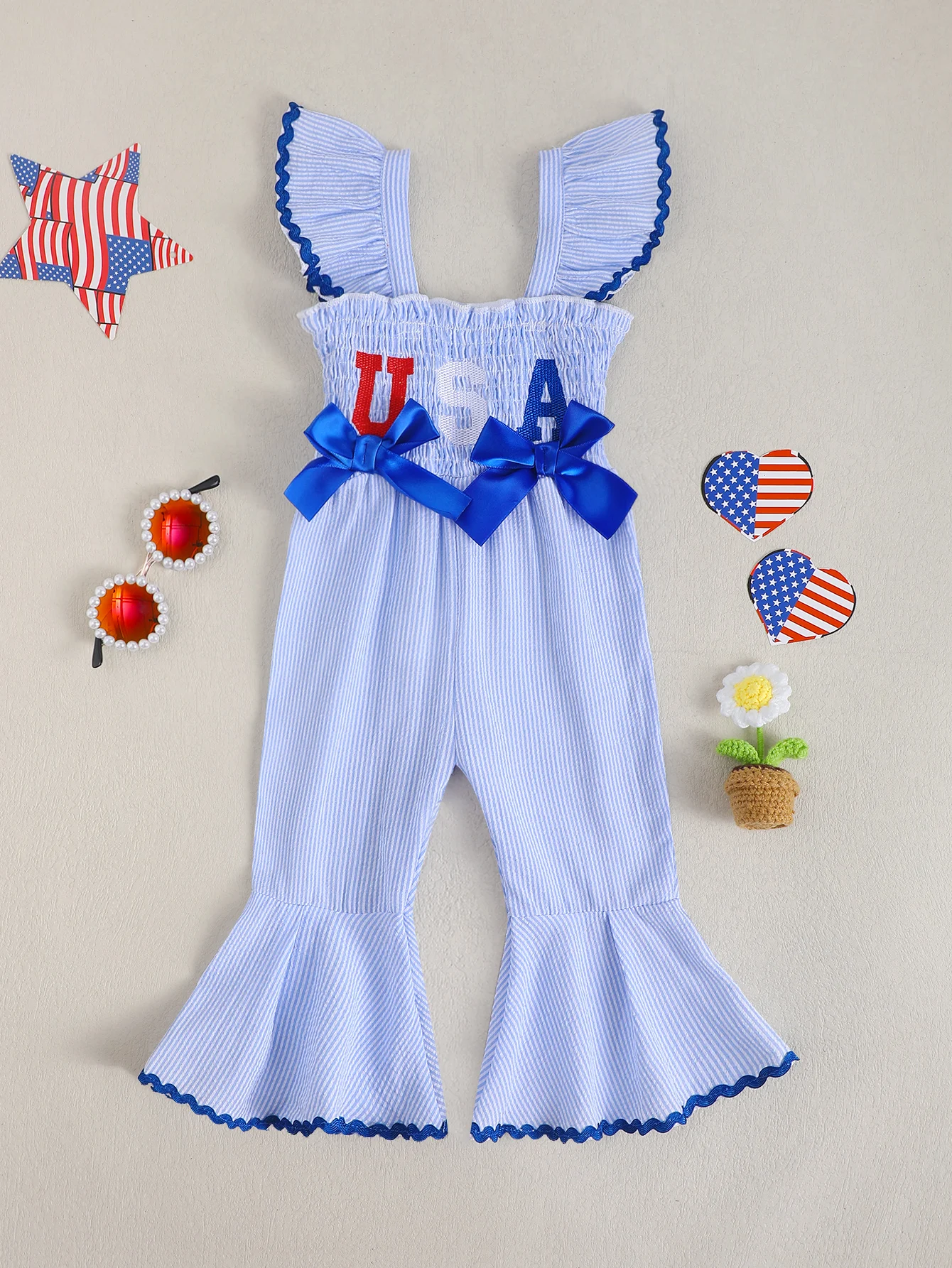 Baby Girl's Independence Day Letter Embroidery Lace Trim Bib Overalls Children's Clothing Infant Fashion Kids' Outfits