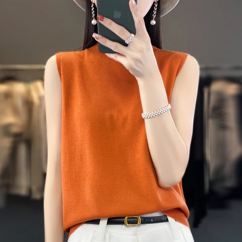 2023 New Women's Thin T-shirt Summer Fine Wool Imitation Casual Solid Fit Half High Neck Tank Top Knitted Bottom Sweater Top