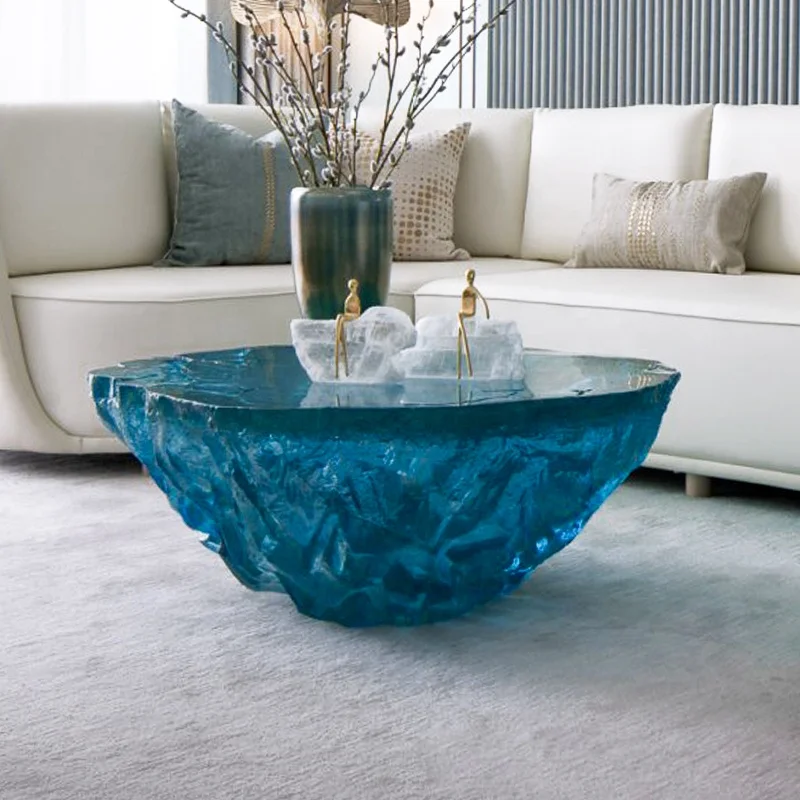 Modern style luxury blue transparent round designed living room resin coffee tables natural marble wholesale customization