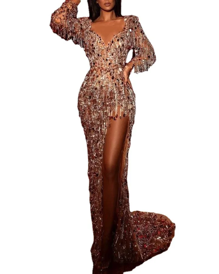 

2020 женское сексуальное блестящее банкетное платье с длинными рукавами и подвеской, новый стиль