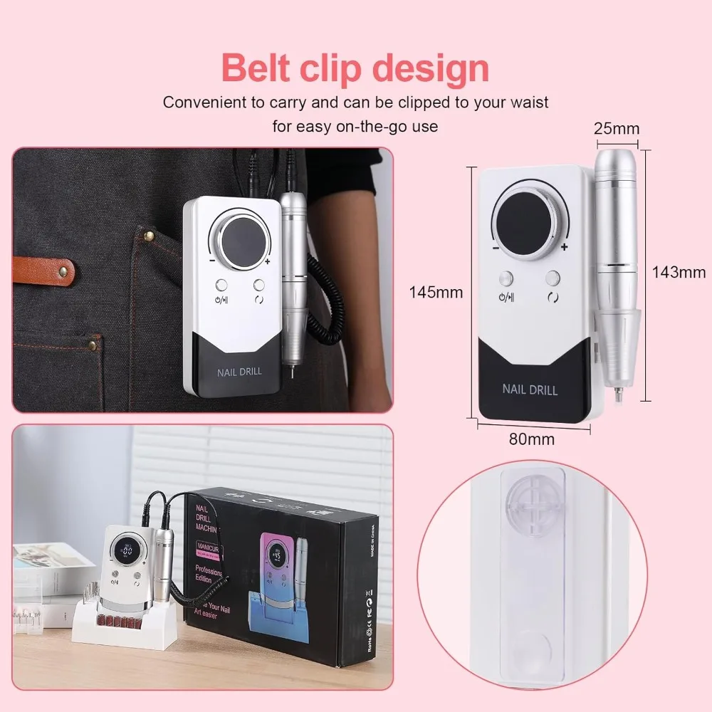 Trapano Elettrico per Unghie 45000 RPM Ricaricabile Portatile con Schermo LCD Intelligente per Manicure e Pedicure Gel Bianco