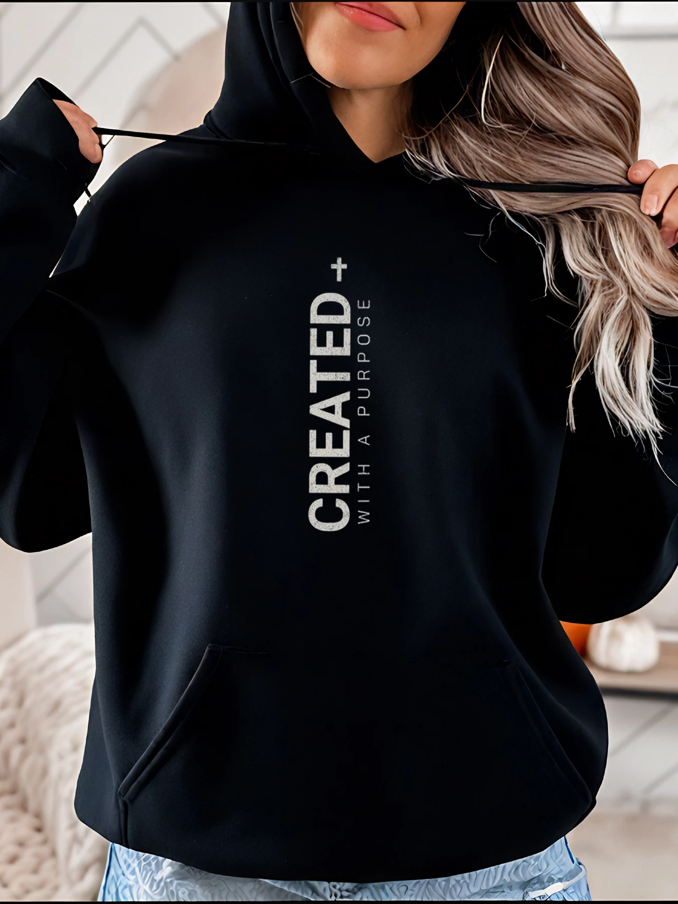 

Women's Black Hoodie Created With A Purpose Print Casual Streetwear Sweatshirt for Daily Wear and Fashion Style