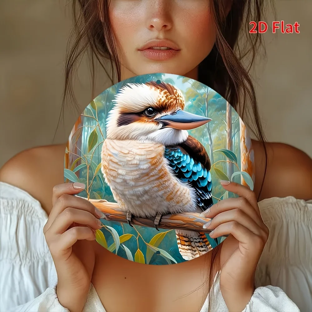 2D Flat, Featuring a Laughing Kookaburra in the Forest as the Theme, Vintage Decorative Plaque and Ornament, Round Metal Panel A
