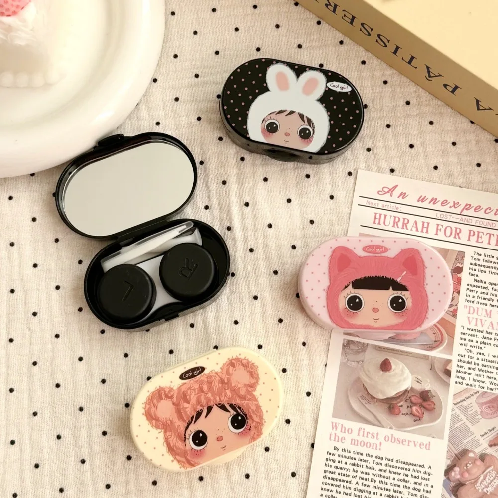 Cute Cartoon Fashion Polka Dot Contact Lens Case for Women Portable Travel Lens Storage Box Mini Companion Care Kit with Mirror
