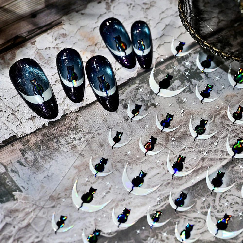 1 ورقة لامعة الليزر القط ضوء النجوم مسمار الفن ملصق مائي القط الظل على القمر ذاتية اللصق مانيكير المنزلق مسمار اكسسوارات الديكور