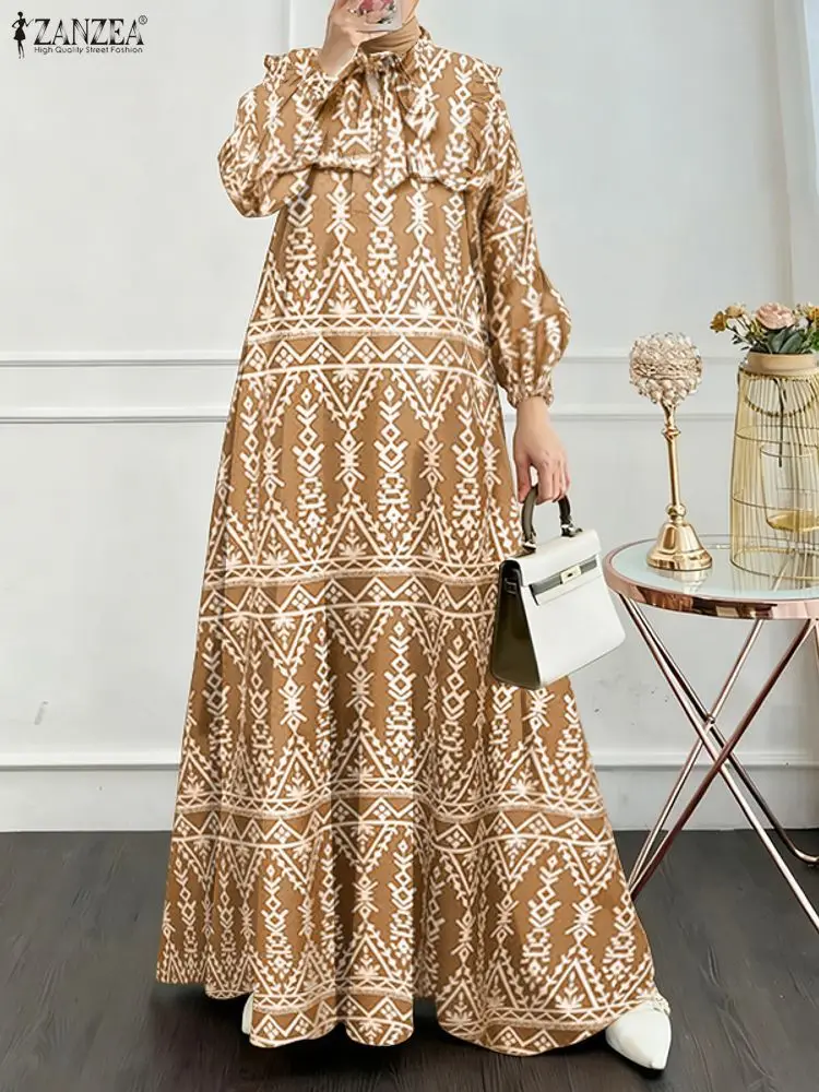 

ZANZEA Хиджабы женские элегантные длинные платья с галстуком-бабочкой и воротником-бабочкой мусульманские скромные рукава-фонарики с оборками и отделкой трапециевидной формы макси-платье Абая халаты