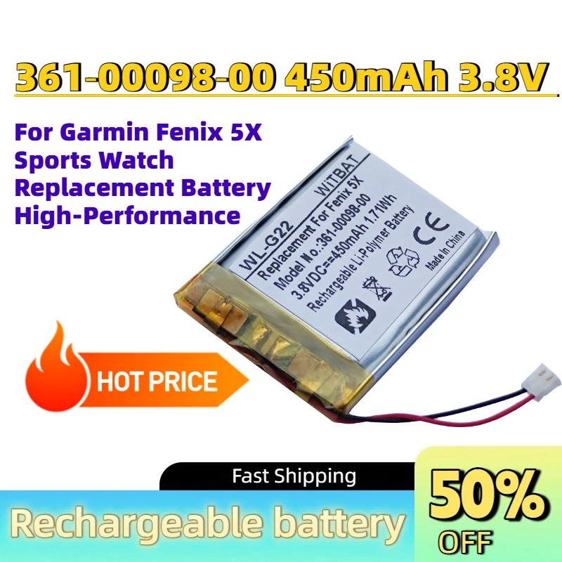 Hot Sale New 361‑00098‑00 450mAh 3.8V Watch Battery for Garmin Fenix 5X Sports Watch Replacement Battery High-Performance