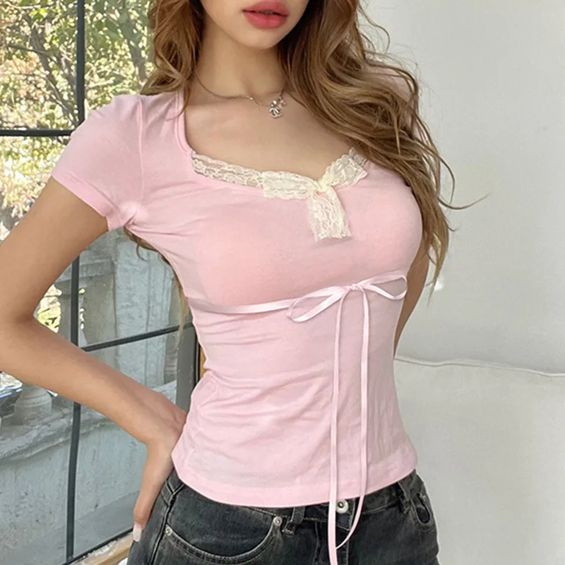 مثير الرغبة النقية الدانتيل الربط حزام الساتان تصميم سليم تي شيرت الحلو ساحة طوق الخصر Cinching القوس قصيرة الأكمام المرأة