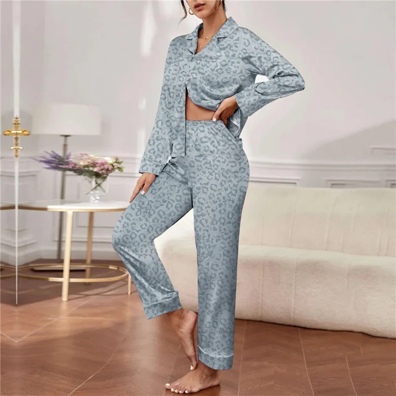 Silk Pajamas set Women\'s Summer Long Sleeve Trousers Two-piece Set Home Clothes Ladies Thin Casual Homewear Suit Sexy Sleepwear