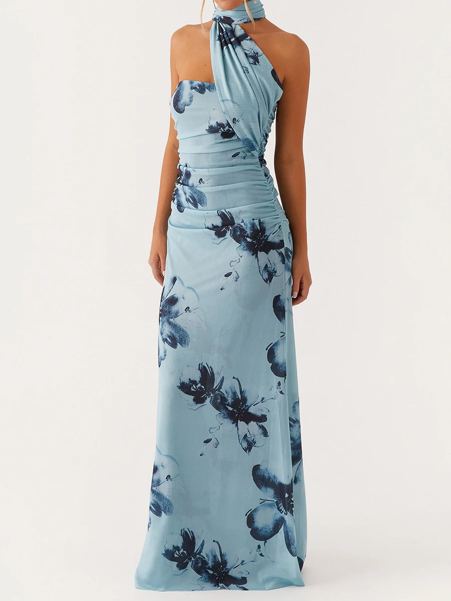 Abito lungo elegante con stampa floreale Boho e design con spalle scoperte, perfetto per feste estive e vacanze al mare incluse