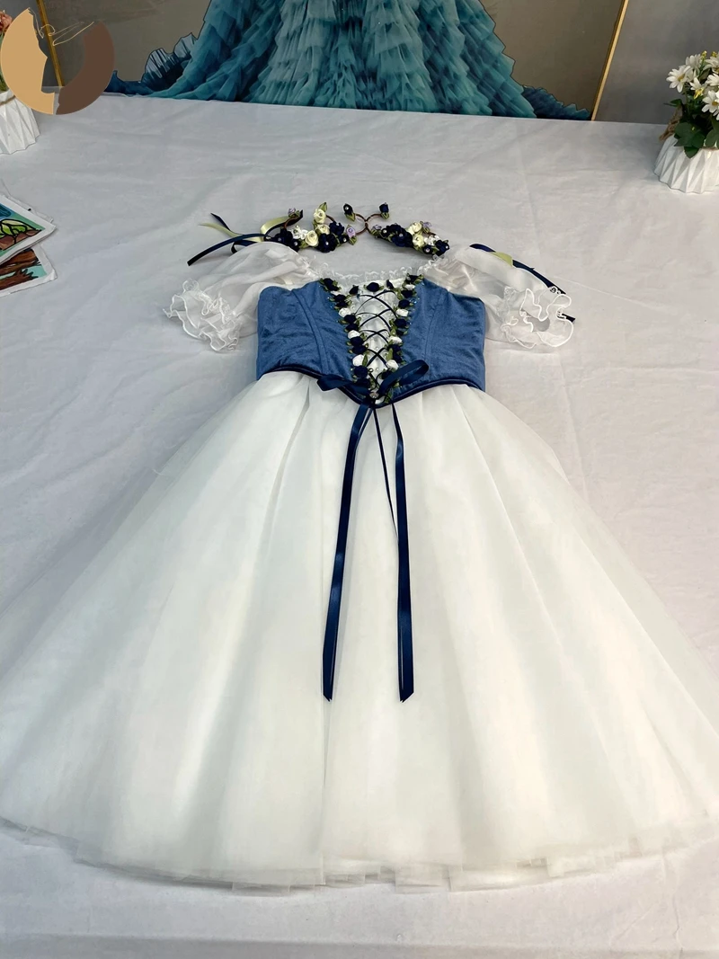 FLTOTURE Dark Blue Velvet Adjustable Body White Soft Long Skirt Women Child Ballet Variation Coppelia Performance Custom Dress