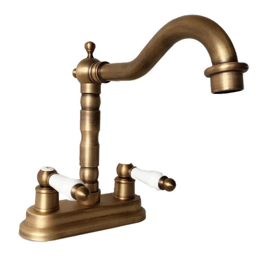 Antique Brass 4" Centerset Bathroom Sink Faucet Swivel Basin Mixer Tap Dual Ceramic Handles Levers man065 image 5