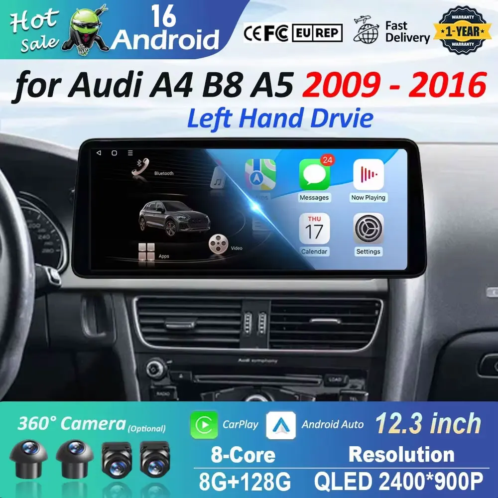 for Audi A4 B8 A5 2009 - 2016 Android 16 Left Hand Drvie Car Radio Video Player Carplay Navigation GPS 4G QLED Touch Screen