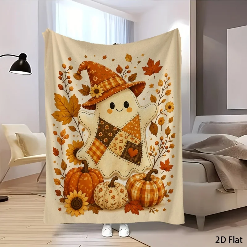 Line Art Halloween Flannel Throw Blanket, Witch Pumpkin Ghost Haunted House Print Soft Blanket for Sofa Bed Holiday Decor