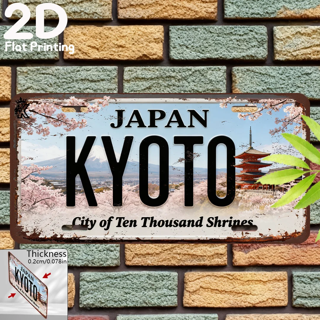 2D Flat Printed Japan Kyoto Cherry Blossom Mount Fuji Pagoda City of Ten Thousand Shrines License Plate Style Aluminum Metal Pai