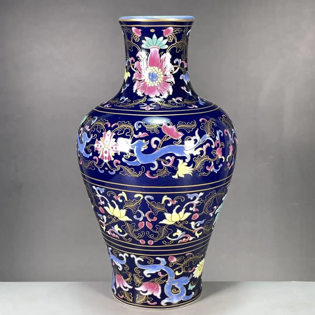 A replica of the Qing Dynasty Qianlong blue-glazed floral enamel appreciation vase