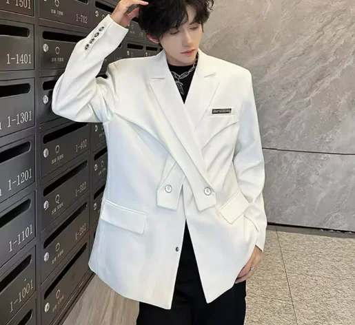 

Niche Design Male Blazer Shoulder Pad Trendy Cross Men's Deconstructed Suit Coat Solid Color Korean Style Menwear