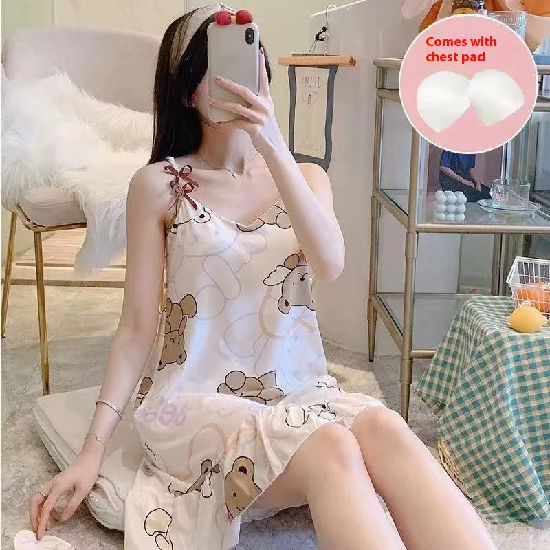 Gilrs Summer Suspenders One Piece  Slip Dress With Eyeshade And Brassiere Bow Cartoon Bear  Plaid Pajamas Thin Short Loose