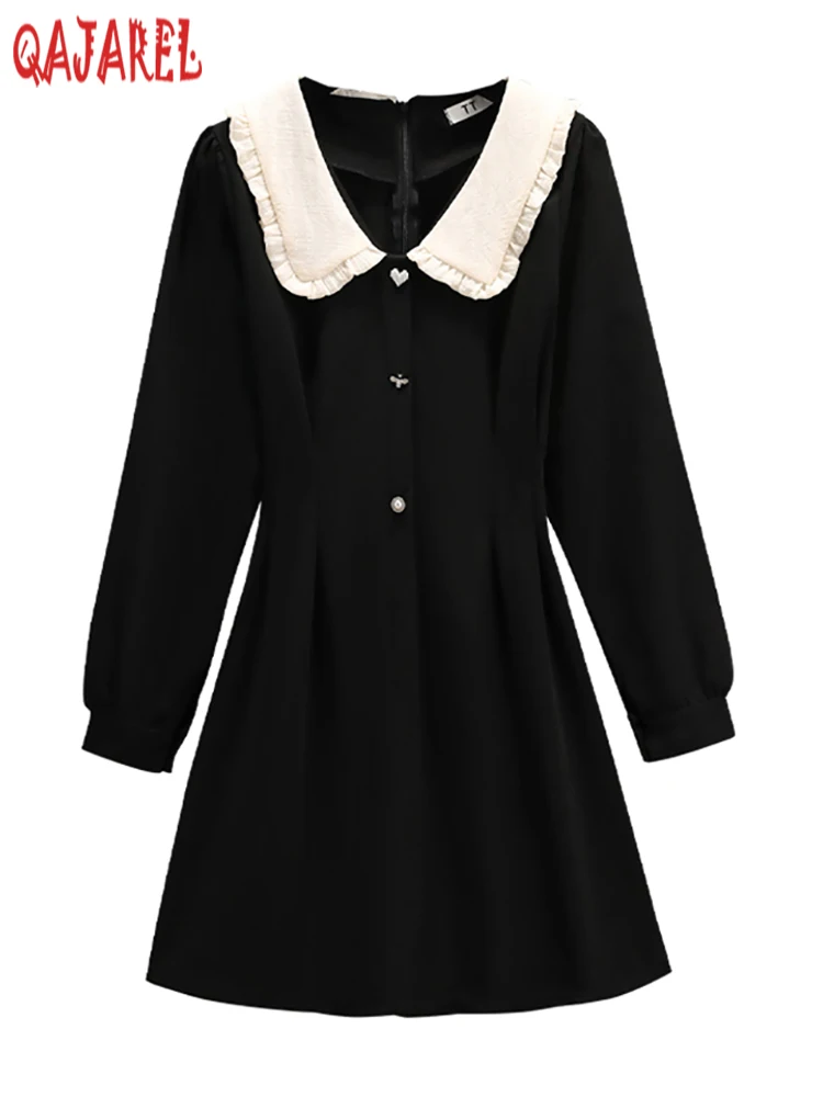 

Autumn Winter Black Long Sleeve Chic Ruffled Doll Collar Mini Dress Women Korean Vintage Hepburn Dress 2024 Elegant Prom Clothes