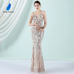 DEERVEADO Sexy Deep V Neck Mermaid Evening Dress Luxury Prom Party Dresses with Beads Women's Formal Dress